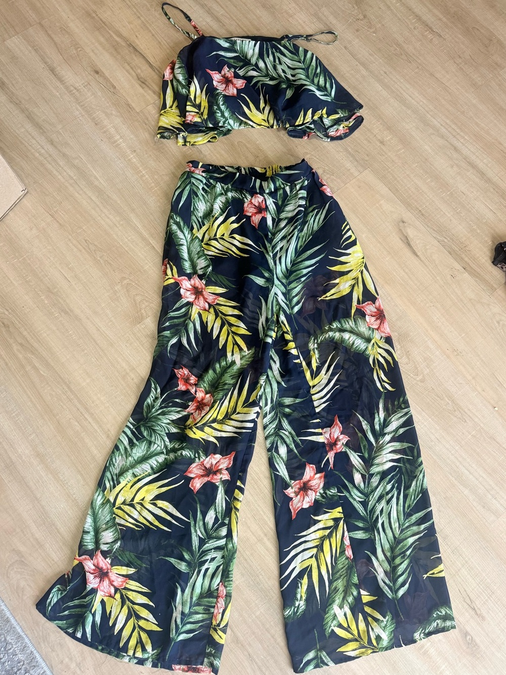 FAVLUX Navy Tropical Wide-Leg Jumpsuit Set with Green & Yellow Foliage